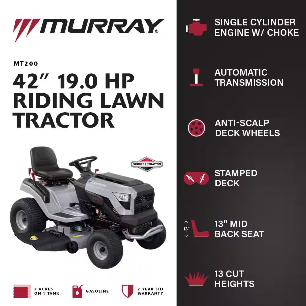 Murray MT200 42 in. 19.0 HP 540cc EX1900 Series Briggs and Stratton Engine Automatic Gas Riding Lawn Tractor Mower